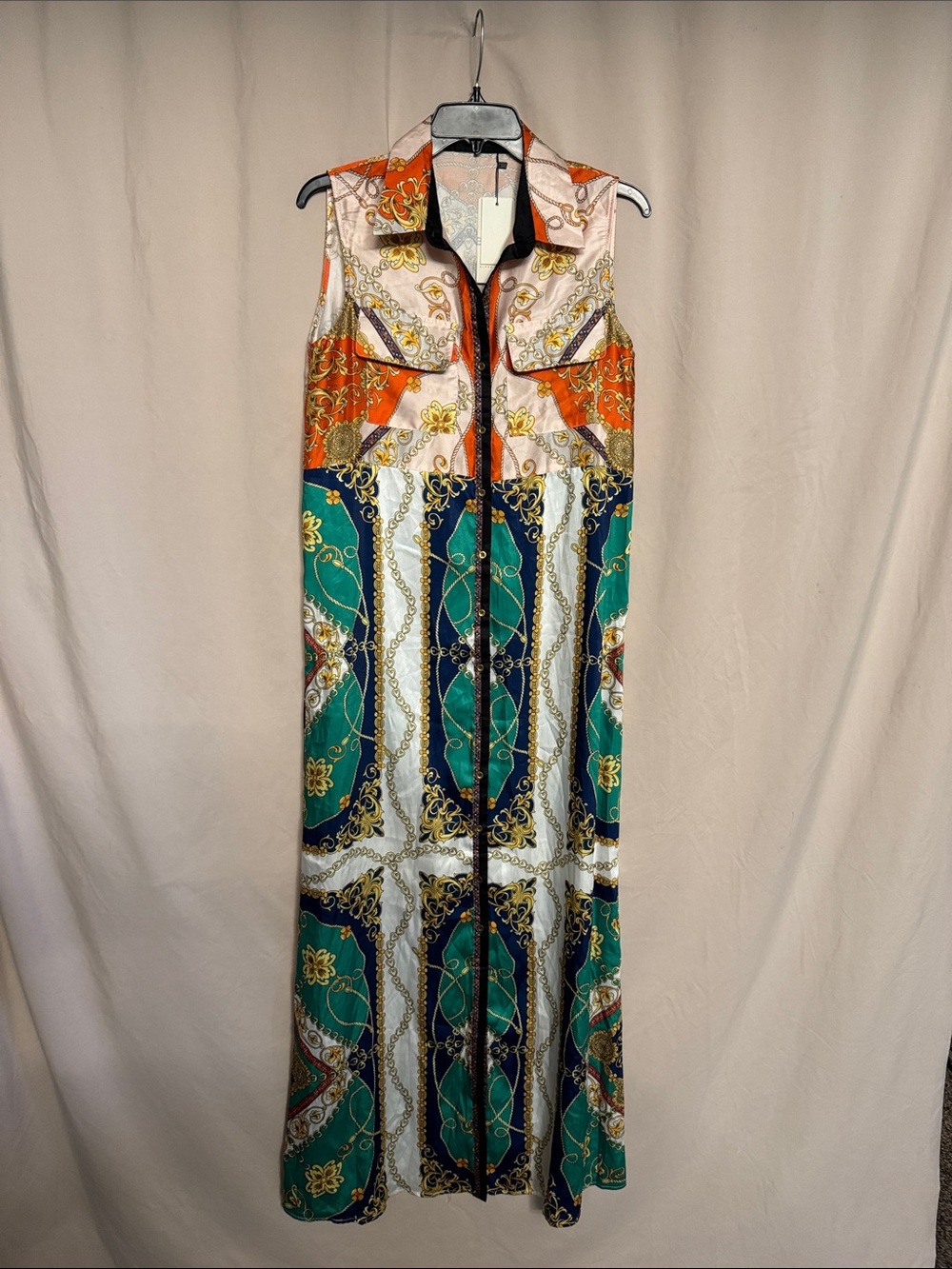 Alpha & Omega Sleeveless Maxi Dress, Size M, Color Green, Orange, Yellow, white